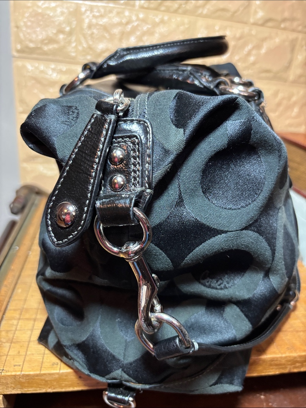 Coach Black Op Art Madison Satchel Leather Handles, Shoulder Strap, Silver Bag - Picture 6 of 17